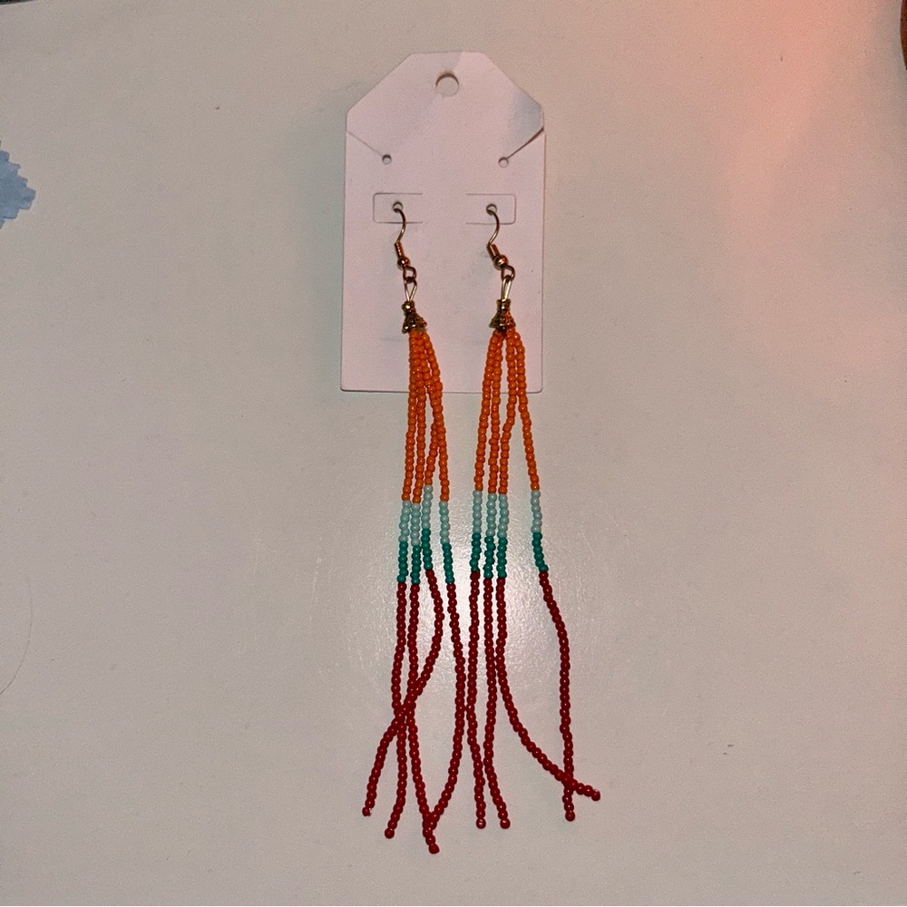 Vibrant Red and Orange Beaded Earrings with Fringe